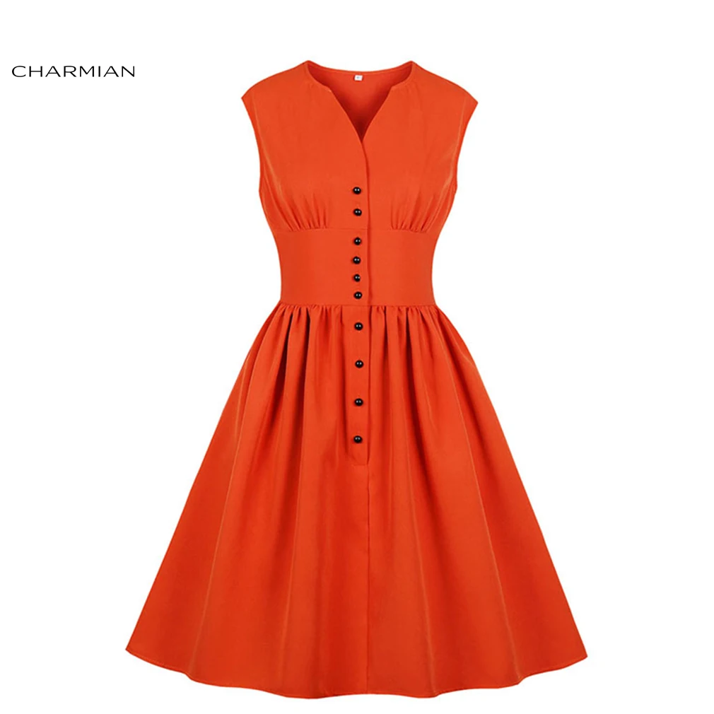 

Charmian Women's Vintage V Neckline Front Buttons Sleeveless High Waist Summer Day Swing Dress