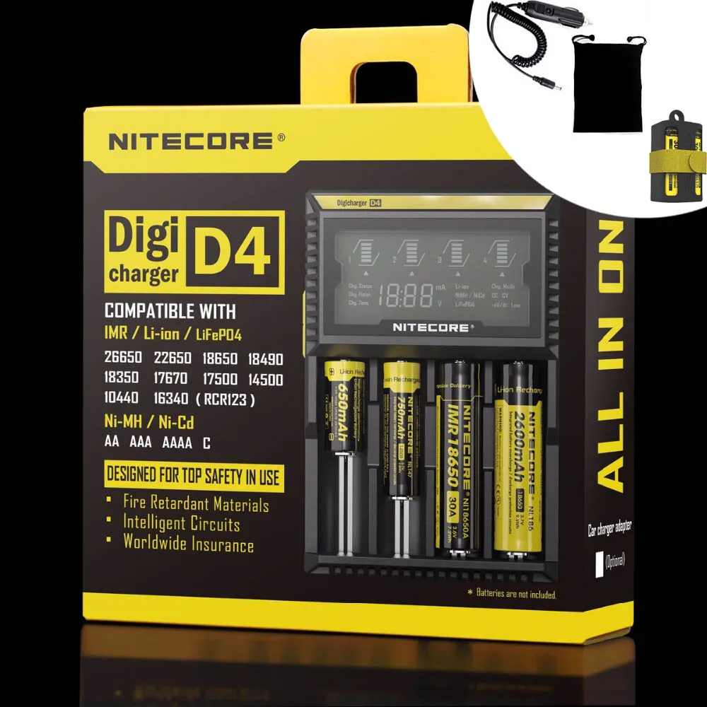 Оригинальное Nitecore D4 зарядное устройство с ЖК-дисплеем интеллектуальное зарядное устройство Li-Ion 18650 14500 17670 18490 17500 AAA 12 в зарядное устройство - Цвет: D4 Car cable bag