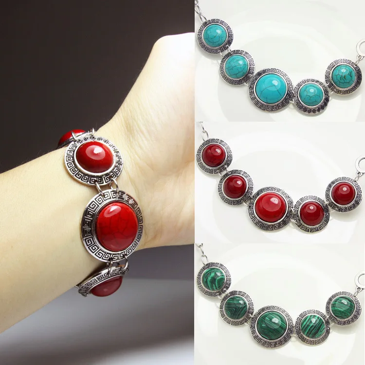 

New Bohemian Bracelet Vintage Big Bracelet With Stones Tibetan Silver Earrings Blue Red Green Round For Women Jewelry