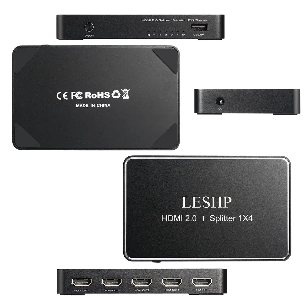 LESHP 1 Port HDMI Input 4 Port HDMI Output HDMI 2.0 Splitter With USB Charge Support 1080P 3D Compliant HDMI 2.0 HDCP 2.2