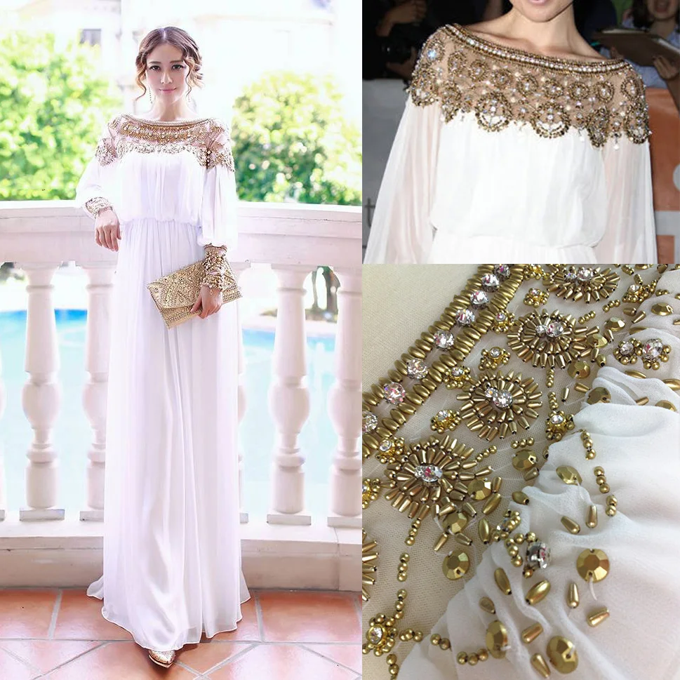 

New Muslim Abaya Dress Turkish Women Clothing Heavy Beaded Chiffon Islamic Moslem Long Sleeve Dresses Robe Arabic Moroccan