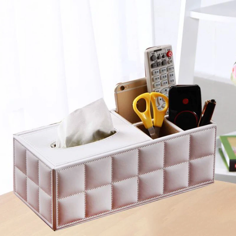 MICCK Tissue Box PU Leather Multifunctional Napkin Phone Remote control holder wooden Storage Box Desk organizer Container