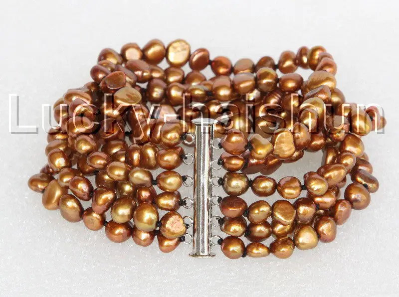 

Wholesale price 16new ^^^8" 8mm 6row Baroque coffee pearls bracelet magnet clasp j11121