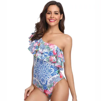 

Liva girl 2019 Summer Women's Sexy Ruffled One Piece Swimsuit One Shoulder Swimsuit Bikini Free Shipping 3.18