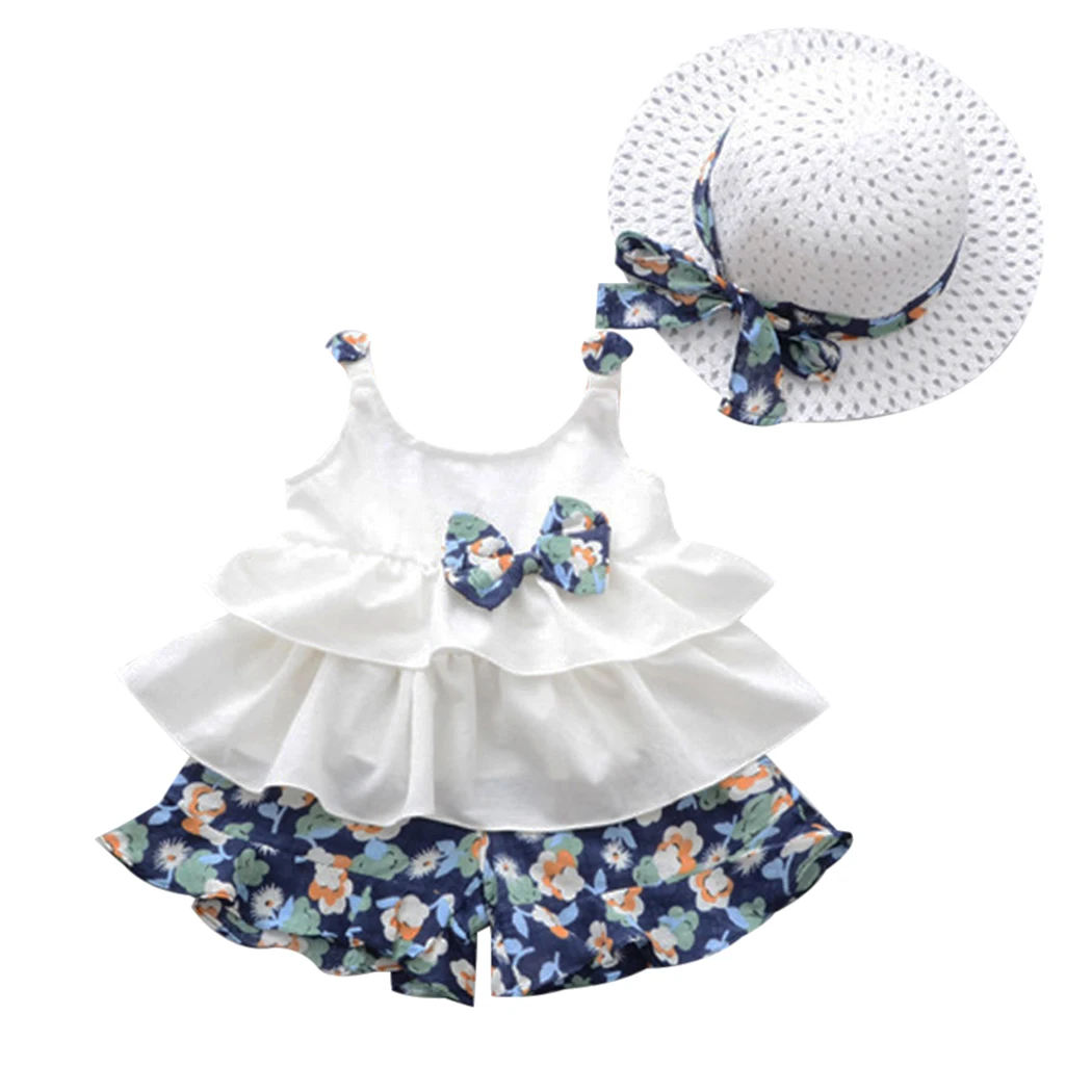 2018 Cute Newborn Baby Girl Clothes Summer 3PCs Set White Strap Bow