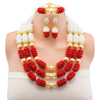 

2017 Fashion Romantic Nigerian Wedding Beads Jewelry Set Fabulous White Red Statement Crystal Jewelry Set Free Shipping