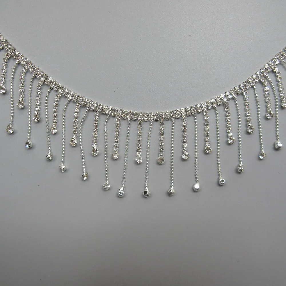 

1 Yard 57mm Rhinestone Tassel Trim Ribbon Silver Crystal Chain Bridal Sash Belt Sew on Applique Wedding Dress Necklace Handmade