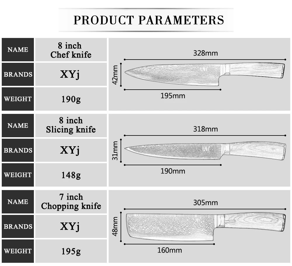 XYj кухонный набор ножей из дамасской стали Новое поступление VG10 Дамасская сталь фруктовый сантоку разделочный нож для нарезки шеф-повара цветная деревянная ручка