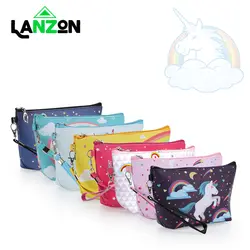 Lanzon печать единорог косметичка многоцветный узор милые косметические сумки для путешествий женская сумка для макияжа