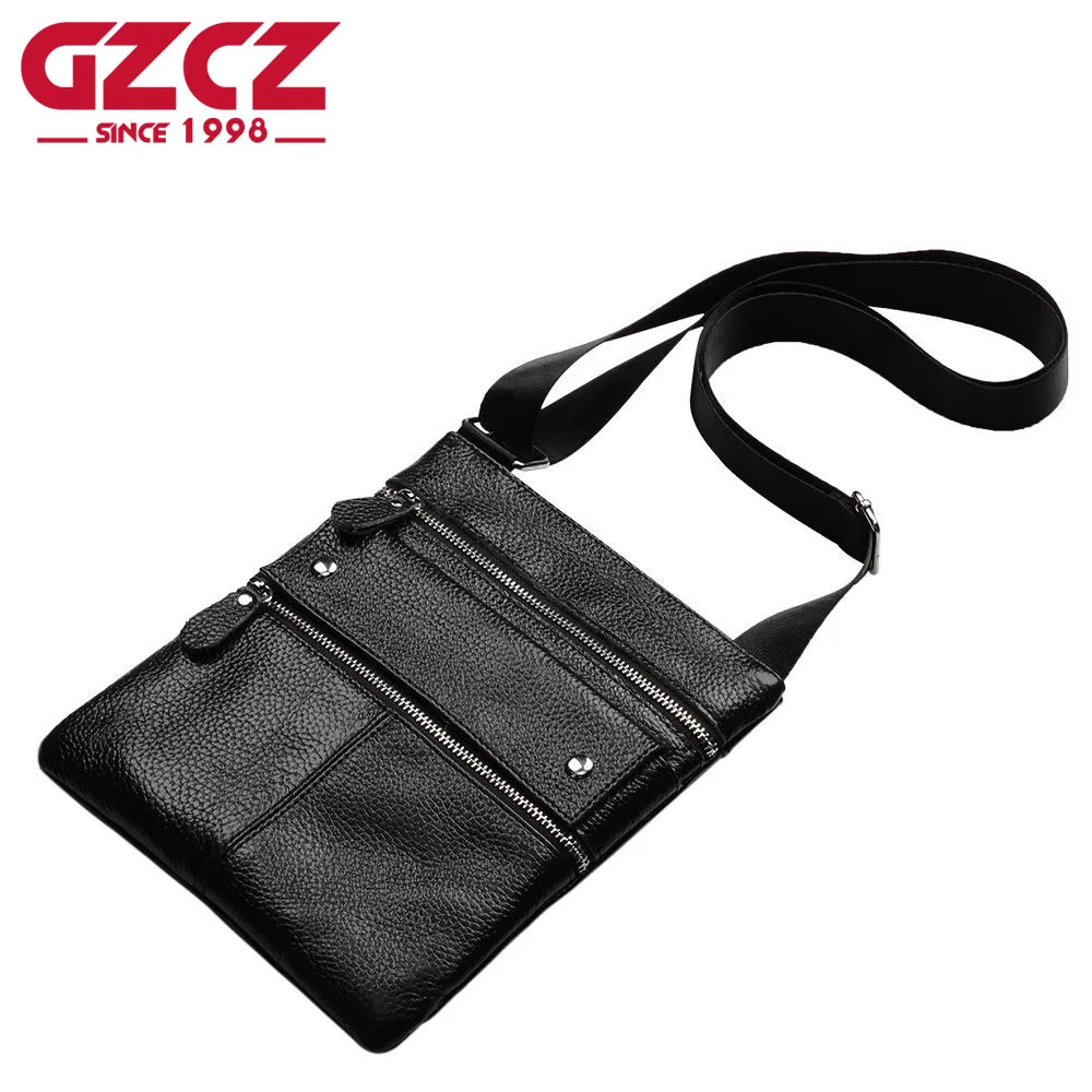 GZCZ Brands Men Messenger Bags Genuine Leather Shoulder Bags Male Thin Business Crossbody Bags for Men Zipper Designer Bags