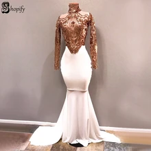Длинные платье для выпускного вечера es белый с юбкой-годе с высоким воротом телесного цвета с длинными рукавами и золотым блесток кружева Для женщин Африканское платье для выпускного