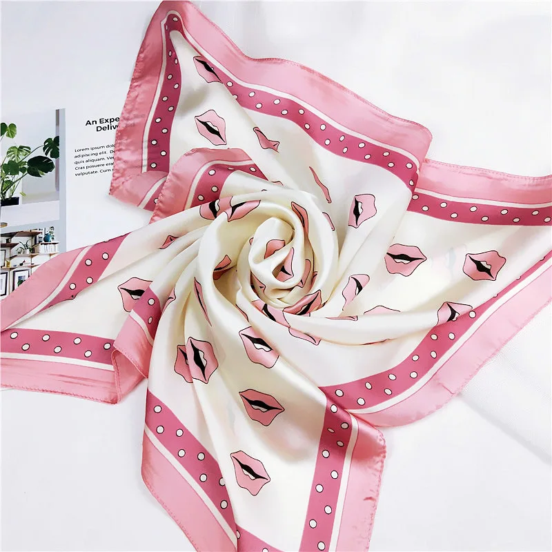 

Fashion Elegant Scarves Women Harajuku Lips Silk Square Scarf Small Handle Bag Ribbons Ladies Headband Hair Tie Band Shawl