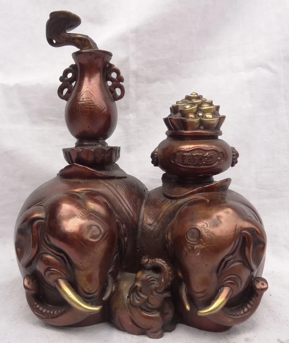 

8" China Red Bronze YuanBao Treasure Basin 3 Elephant Family RuYi Zun Pot Statue