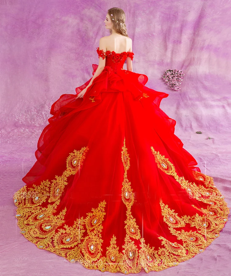 robe de mariage mariee Red Wedding Dress Ball Gown With Golden Lace Appliques Wedding Gowns vestidos de novia