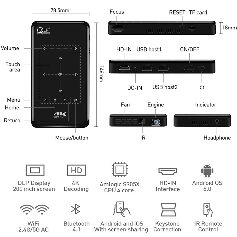 Smartldea 4K мини мобильный проектор Android 6,0, BT4.1 портативный HD проектор Beamer 5000 мАч батарея сенсорные клавиши Airplay Miracast