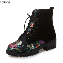 

LXUNYI Flower Ankle Boots Women Chunky Heels Fashion 2018 Spring Autumn Black Ankle Strap High Heels Ladies Martin Boots