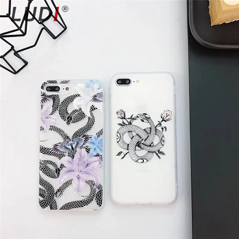 LUDI Retro 3D Floral Rose Snake Phone Case for iPhone 7 7Plus Soft TPU Phone Bag for iPhone X 6 6s 8 Plus Flower Back Cover     1