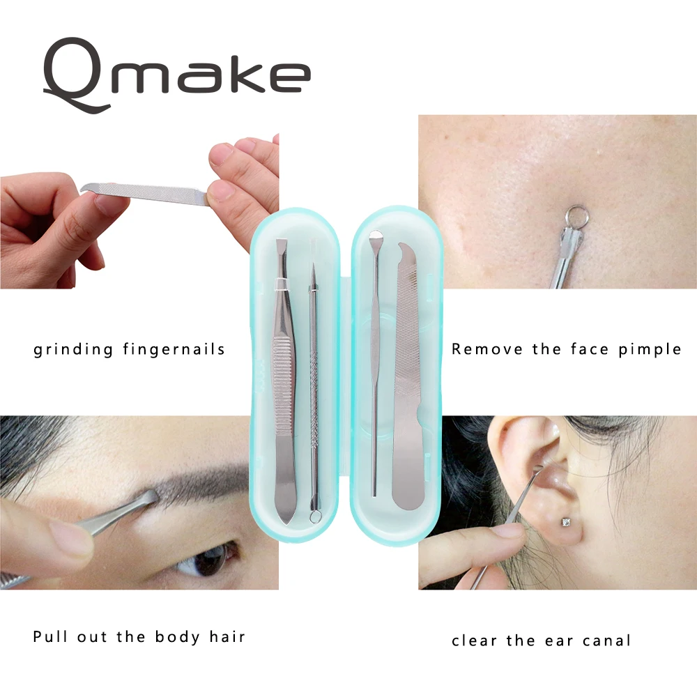 

Qmake Stainless steel Kit of Blackhead Removal Needles Pimple Acne Extractor tweezers nail file and ear pick tool set