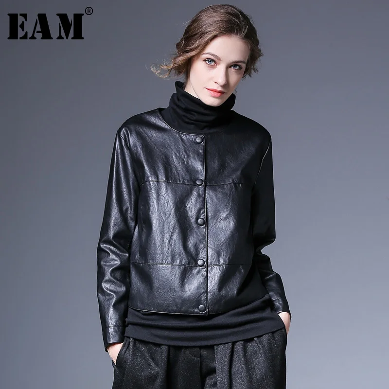 

[EAM] 2019Spring Woman Stylsih Solid Color O-neck Long Sleeve Single Breasted Short Irregular Hem Faux Leather Coat LD671