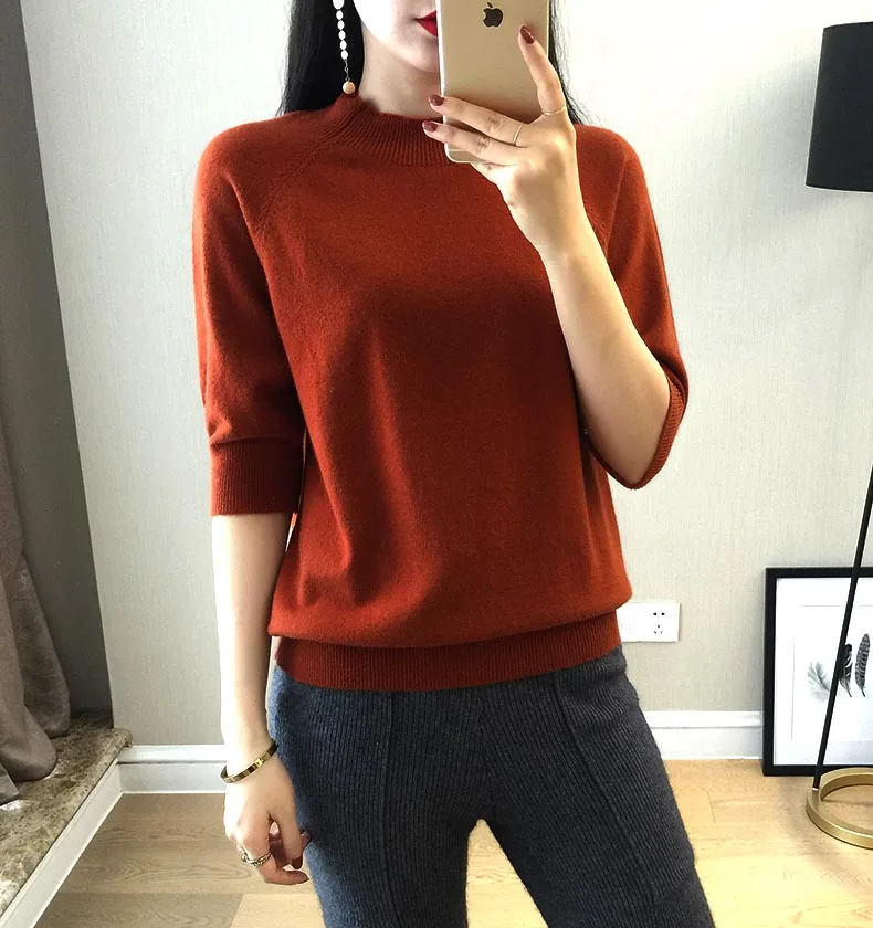 2018 New Style Women's Knitted Cashmere Half sleeve Sweater Half high collar Slim style Solid Wool color Pullover Free Shipping