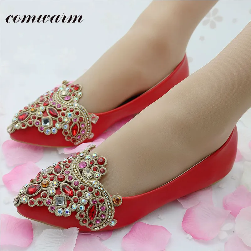 

Bohemia Style Wedding Women Shoes Fashion Rhinestone Decorative Objects Pointed Toe Lady Flat Shoes Woman Red White Colour Shoes