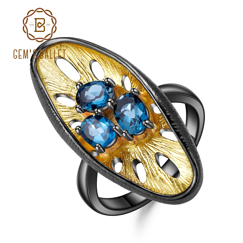 

GEM'S BALLET 1.46Ct Natural London Blue Topaz Gemstone Ring 925 Sterling Silver Original Handmade Lemon Finger Rings for Women