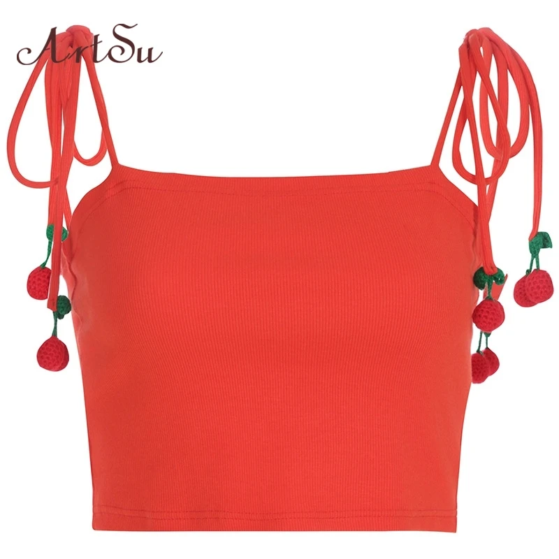 

ArtSu Sleeveless Cute Crop Top Women Summer Backless Spaghetti Strap Top Knit Cami Red Casual Vest Tops Korean Fashion ASVE20682