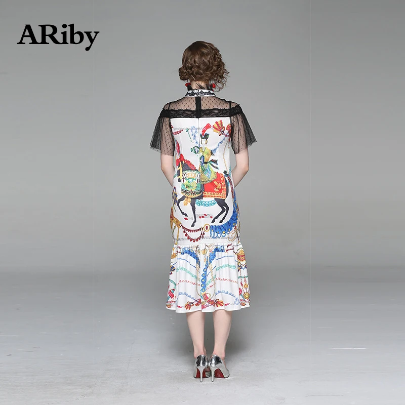 Women Dress Fishtail Dress 2019 New Summer Vintage Elegant Fashion Stand Collar Lace Printed Stitching Mid-Calf Dress Vestidos