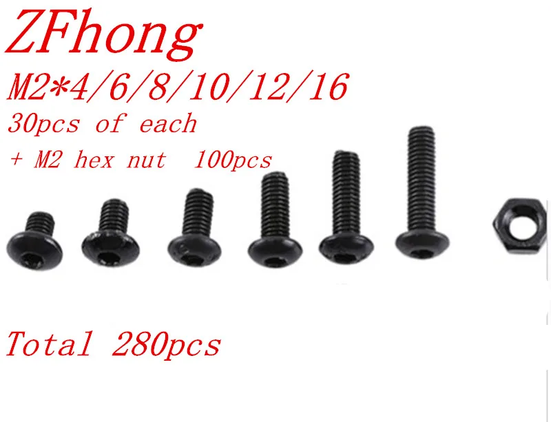 

280pcs M2 (2mm) A2 black ISO7380 m2*4 to 16 Button Head Allen Bolts Hexagon Socket Screws With Nuts Assortment Kit