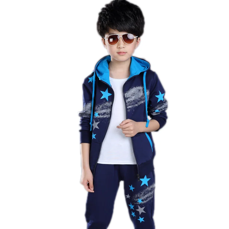 

Sports Suits For Big Boys Clothing Sets Cotton Geometric Printed Boys Tracksuits Spring Autumn Hooded Teens Sportswear Outfits