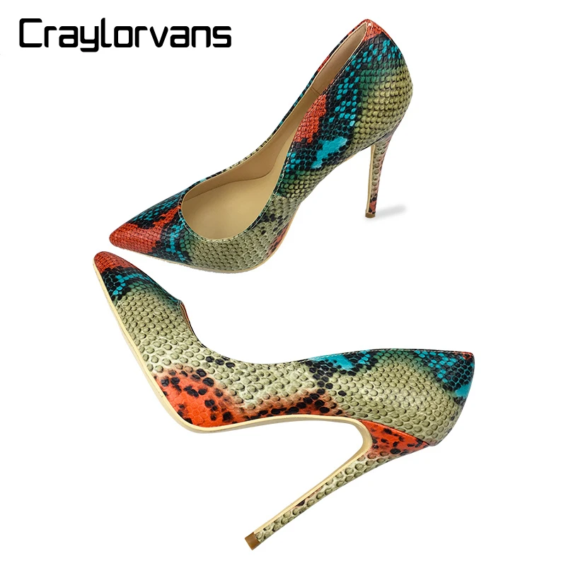 

Craylorvans Top Quality 12CM Heel Height Wedding Party Women Shoes 2018 Fashion Sexy Women Pumps Red Snake Pointed High Heels