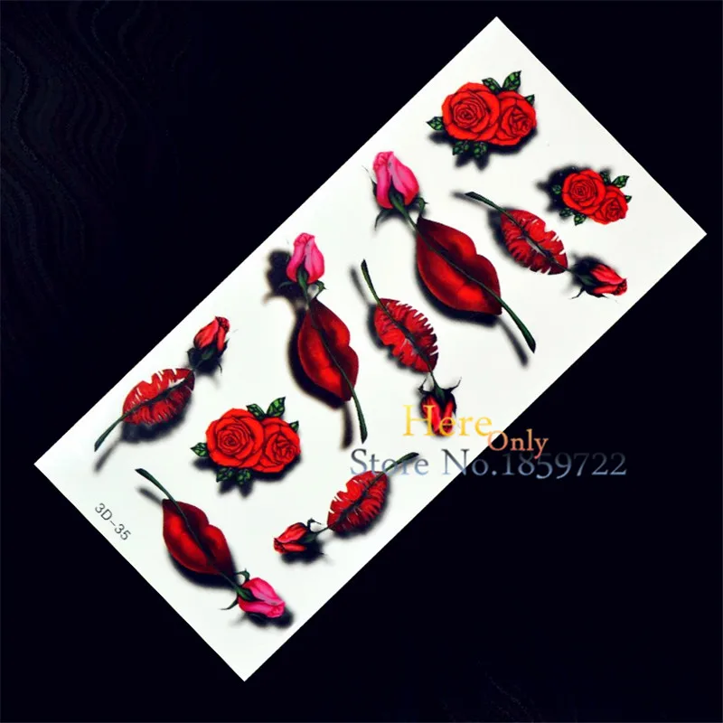 Us 078 1pc 3d Disposable Temporary Tattoo Sticker H3d 35 Sexy Women Red Lip With Rose Flower Tatouage Temporaire Fleur Tatouage Taty In Temporary
