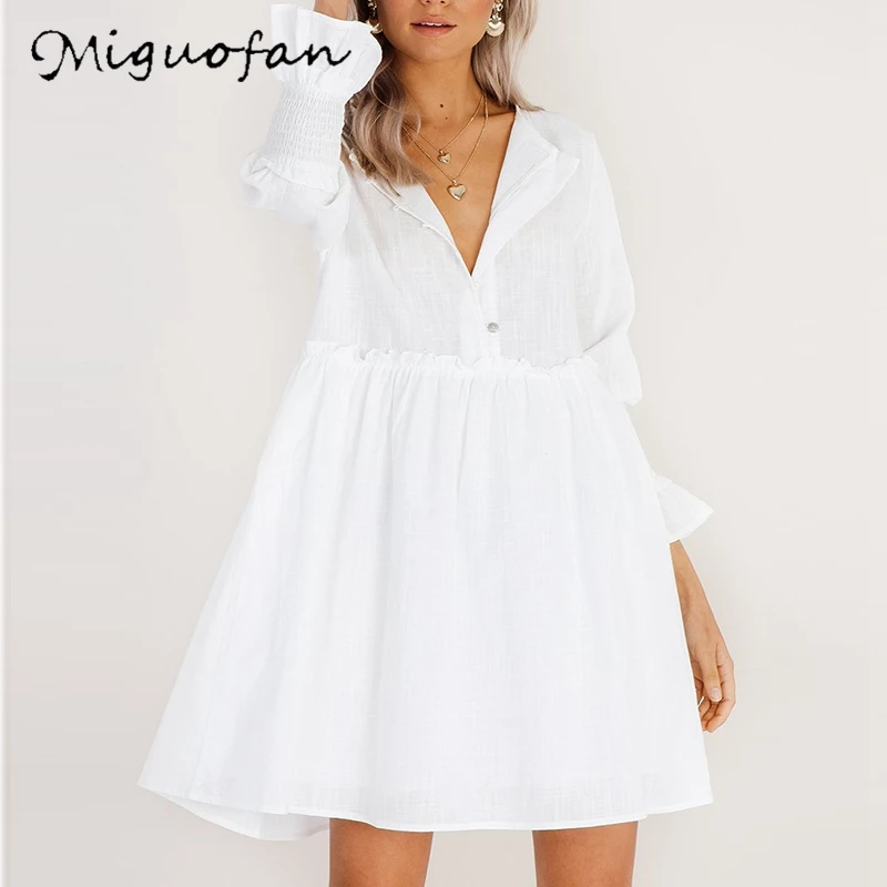 

Miguofan White Dress Women Ruffles Buttons Flare Sleeves Casual Loose Mini Dresses Plus Size Women's Summer Dress 2019 Vestidos