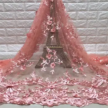 2019 Newest Lilac Peach French Lace Fabrics 3D Flowers African Tulle Mesh Lace Fabric With Beads For Wedding Dress QF2409B-8 2019 Newest Lilac Peach French Lace Fabrics 3D Flowers African Tulle Mesh Lace Fabric With Beads For Wedding Dress QF2409B-8