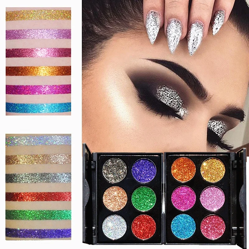 

6 Color Professional Diamond Glitter Eyeshadow Palette Pressed Pigment Nude Shiny Powder Shimmer Makeup Eye Shadow Pallete