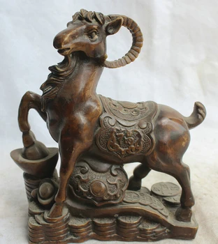 

song voge gem S1683 9" Chinese Bronze Folk Ru Yi Fengshui Zodiac Year Sheep Goat Statue sculpture