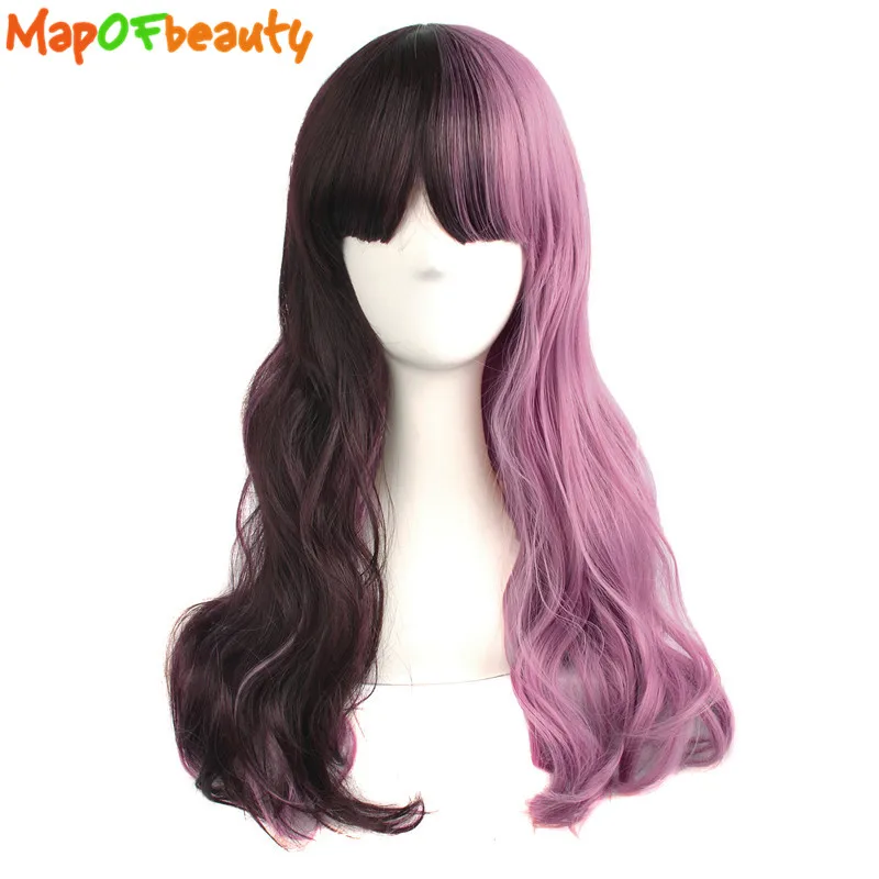 

MapofBeauty 24" Long Wavy Ombre Bob Wigs Natural Cosplay Wig Synthetic Hair Flat Bangs Female Halloween Costume Party peruca