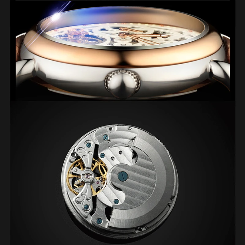 الهيكل العظمي ووتش GUANQIN أزياء كبير ساعة مزدوجة الرجال 10bar السباحة التلقائي ووتش القمر المرحلة مضيئة توربيون ساعات آلية