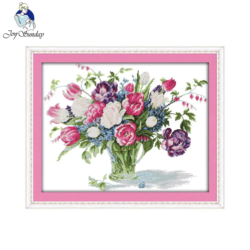 Joy Sunday flower style Tulip vase diy cross stitch embroidery patterns