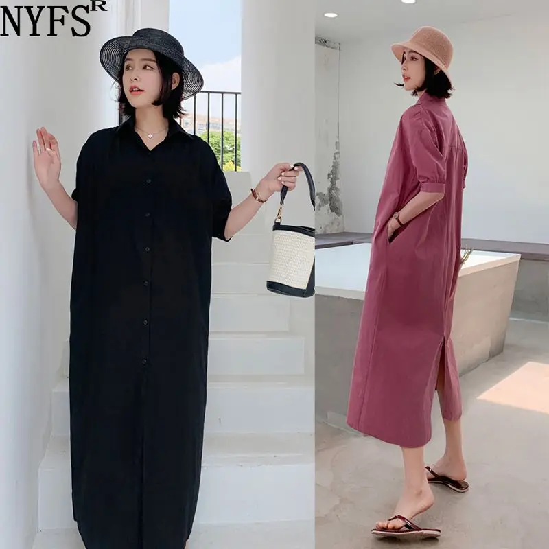 

NYFS Summer dress 2019 New Style Loose Vintage Shirt dress Vestidos Robe Elbise Fashion Solid long dress