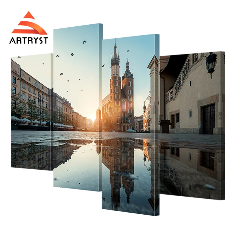 

4pcs of modern home decor rain after Poland Krakow street scenery canvas painting picture HD print on canvas for living room