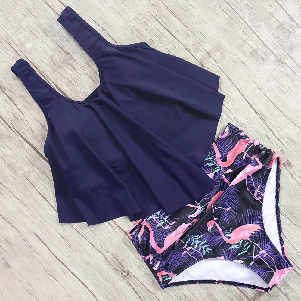 

2019 Two Pieces Bathing Suit High Waist Bikinis Set Big Size Beach Swimsuit Monokini Swimwear Printing Conservative Swimsuits