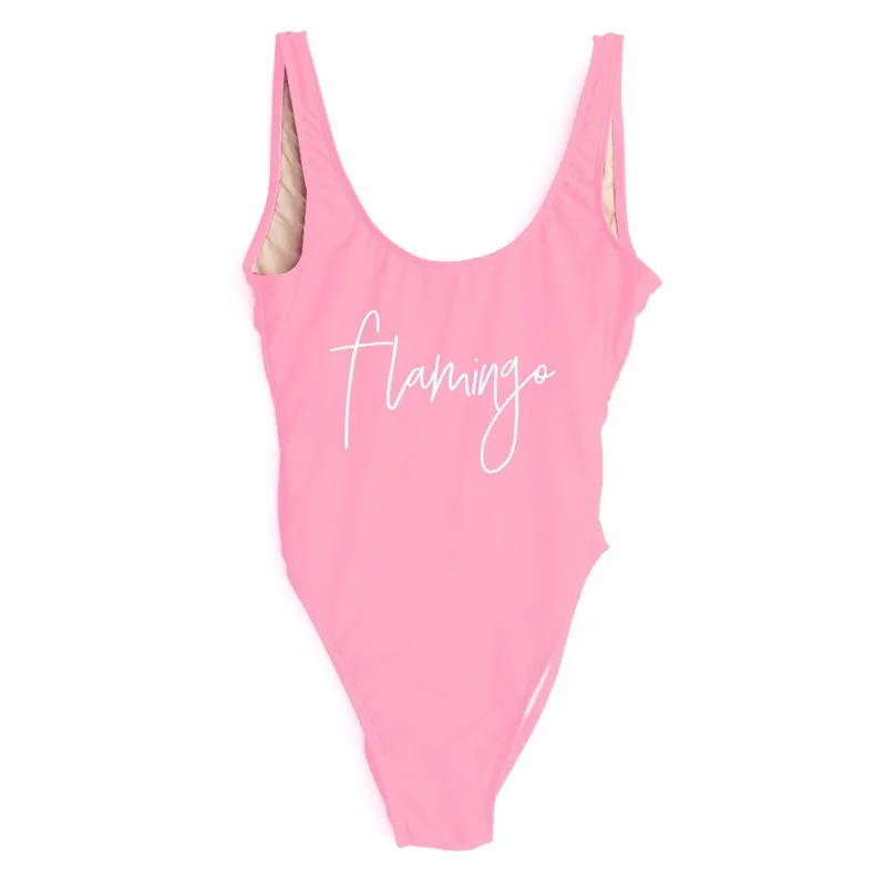 

Flamingo Letter Print Sexy Pink One Piece Swimsuit 2018 Funny Bodysuit High Cut Monokini Swimsuit Swimwear Women Bathing Suit