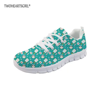 

Twoheartsgirl Unique Women Shoes Breathable Nurse Pattern Vulcanize Shoes Comfortable Female Ladies Lace Up Flats Sneakers