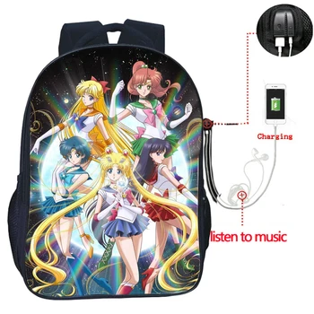 

Classic Anime Sailor Moon USB Charge Backpack Double Pocket School knapsack Men Women Boys Girls Daily Teens Backpack