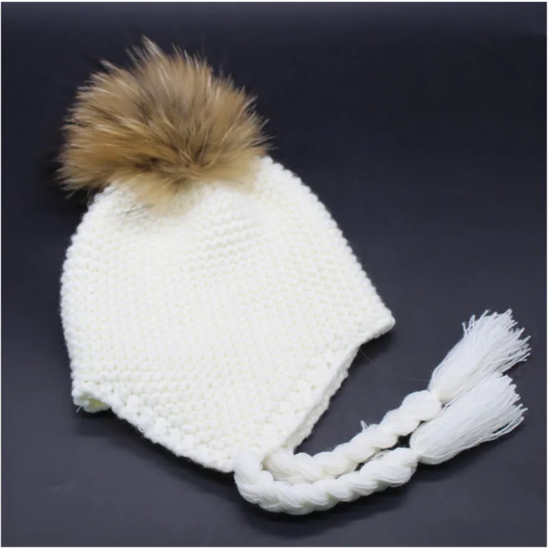 Милый детский вязаный головной убор с помпоном из 100% натурального меха енота