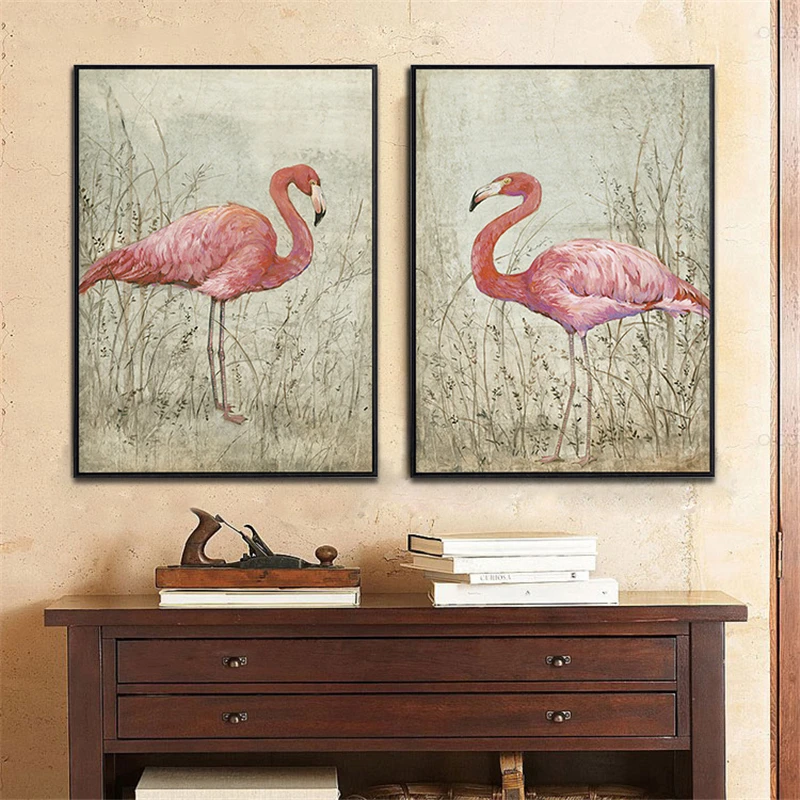 

HAOCHU Flamingo In Jungle Bird Animal Print American Rural Landscape Canvas Painting Art Wall Poster for Living Room Decoration