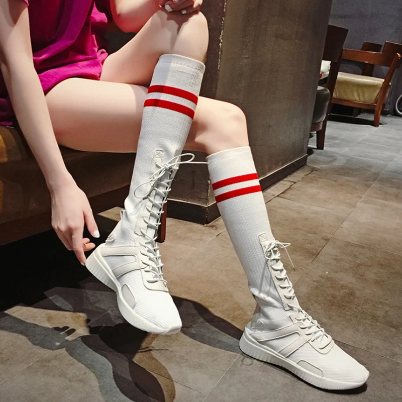 

Women Boots 2018 Autumn Fashion Knee High Boots Flats Mesh Women Casual Shoes