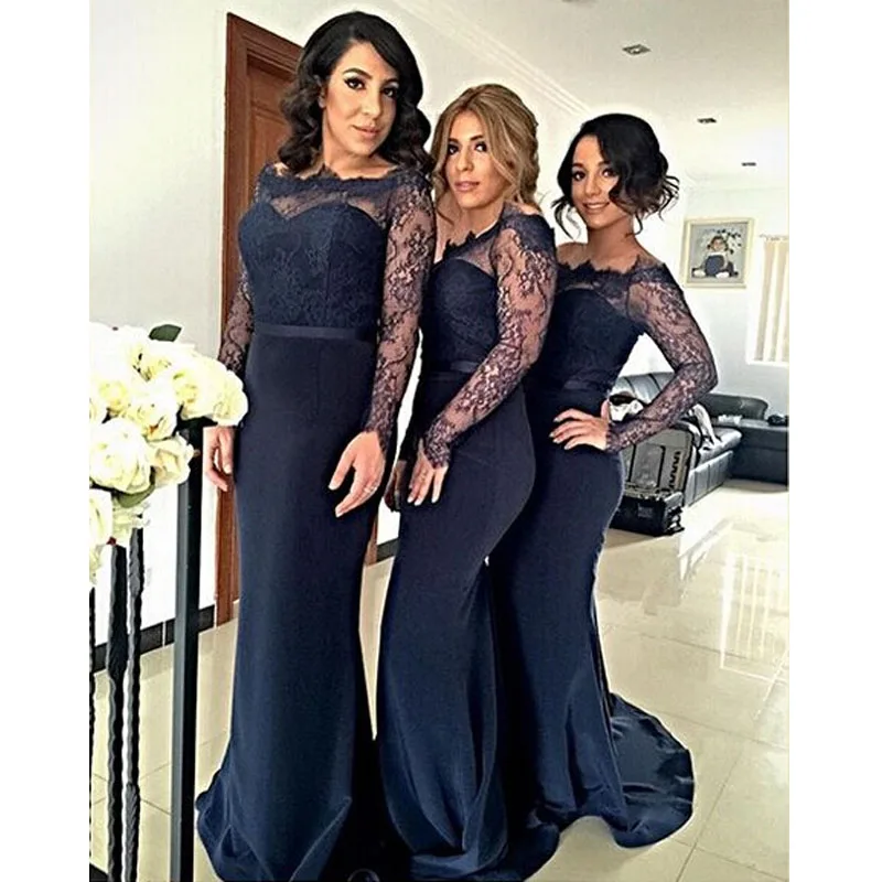 2016 Mermaid Bateau Long Bridesmaid Dresses Lace Full Sleeve Navy 2016 Mermaid Bateau Long Bridesmaid Dresses Lace Full Sleeve Navy Floor Length Maid Of Honor Dress In From Weddings Events On