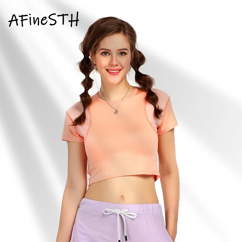 

AFineSTH Quick Drying Woman Sprots Tops 2019 Summer Transparent Pacthwork Breathable T-shirt Solid Color Short O-neck Top